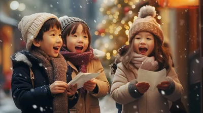Three Children Singing Christmas Carols Outdoors