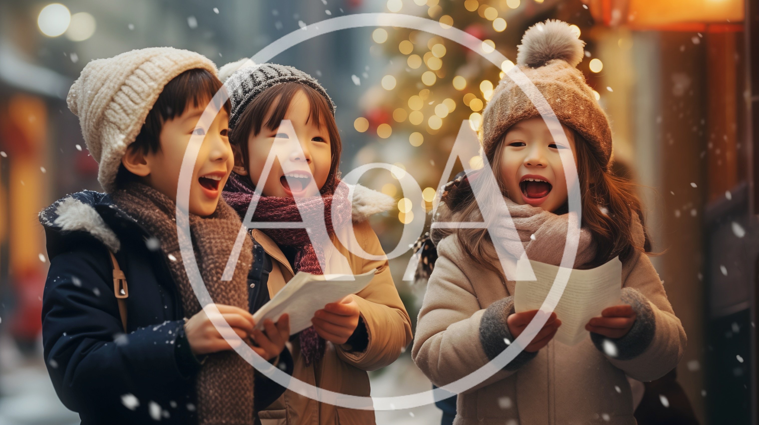 Three Children Singing Christmas Carols Outdoors