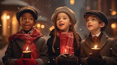 Three Children Holding Candles During Winter Snowfall