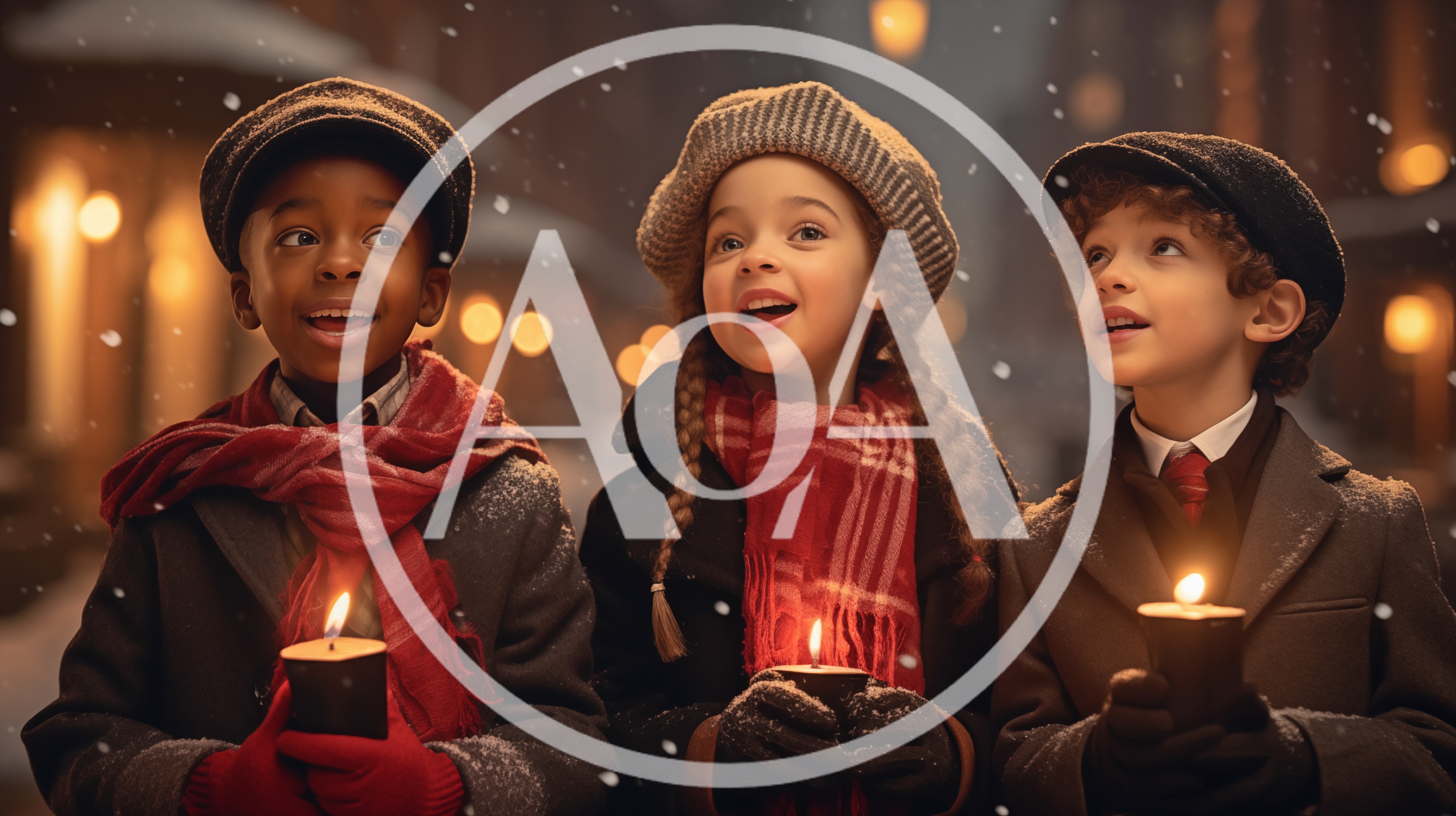 Three Children Holding Candles During Winter Snowfall