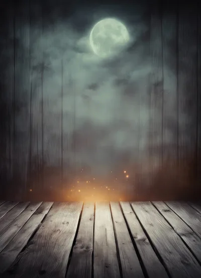 Wooden Floor Stage With Moonlit Foggy Background