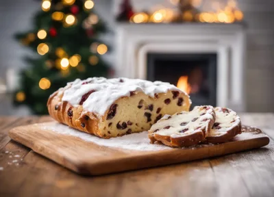 Christmas Stollen Bread on Wooden Board