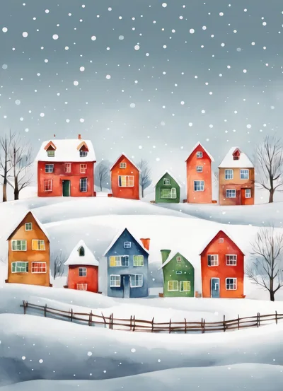 Watercolor Illustration Of A Snowy Winter Village