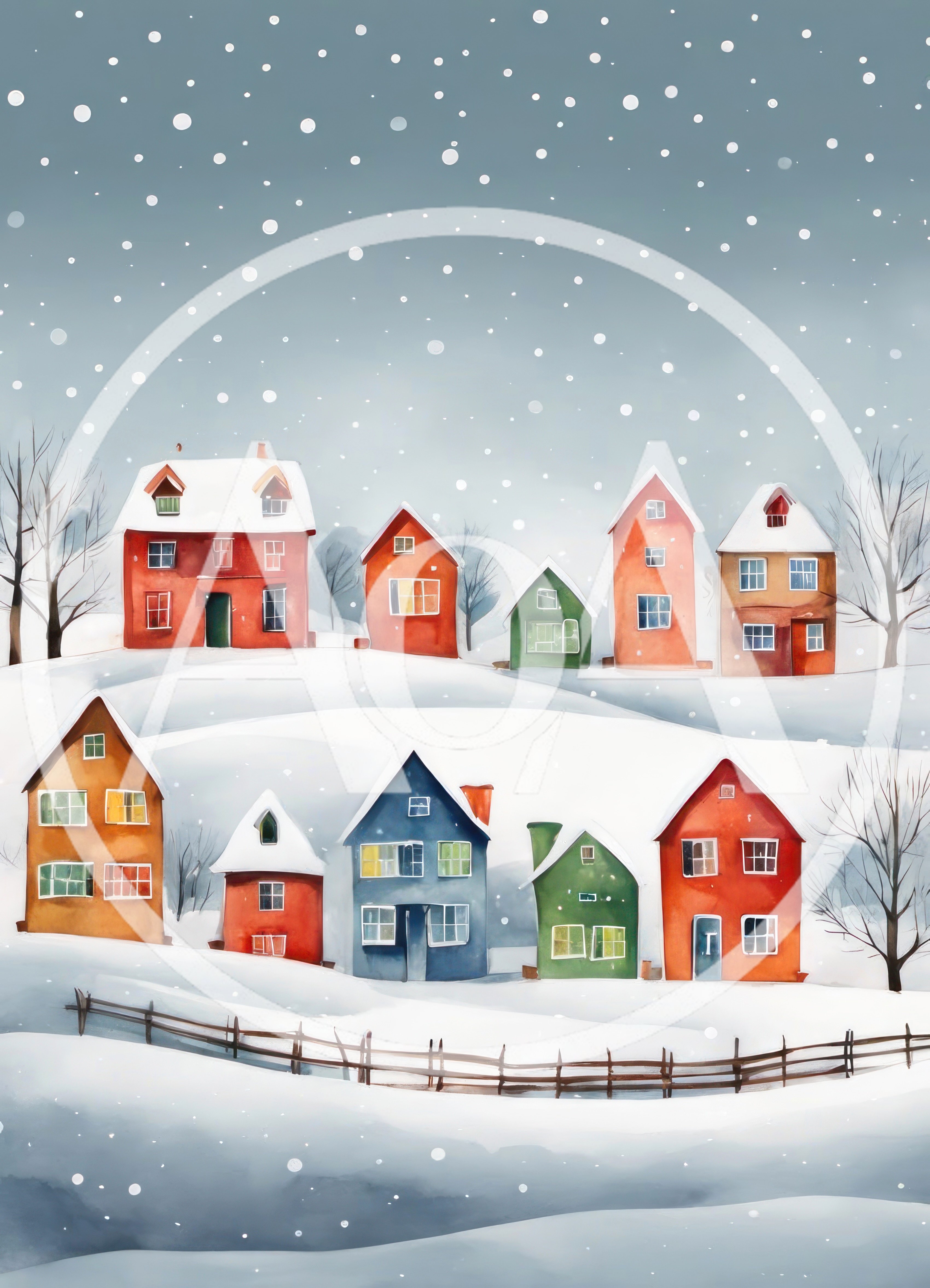 Watercolor Illustration Of A Snowy Winter Village