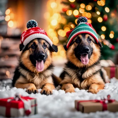 Two German Shepherd Dogs Wearing Christmas Hats