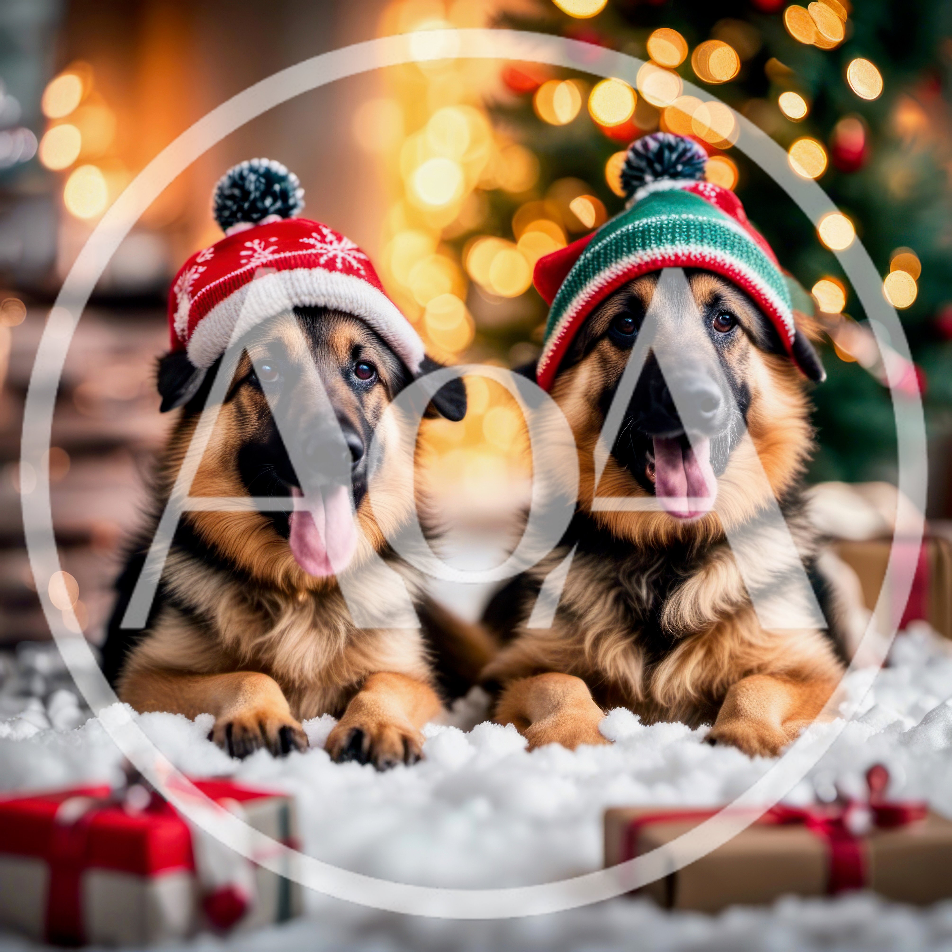 Two German Shepherd Dogs Wearing Christmas Hats