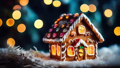 Illuminated Gingerbread House In Snowy Christmas Setting
