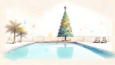 Christmas Tree Beside A Sunny Outdoor Swimming Pool