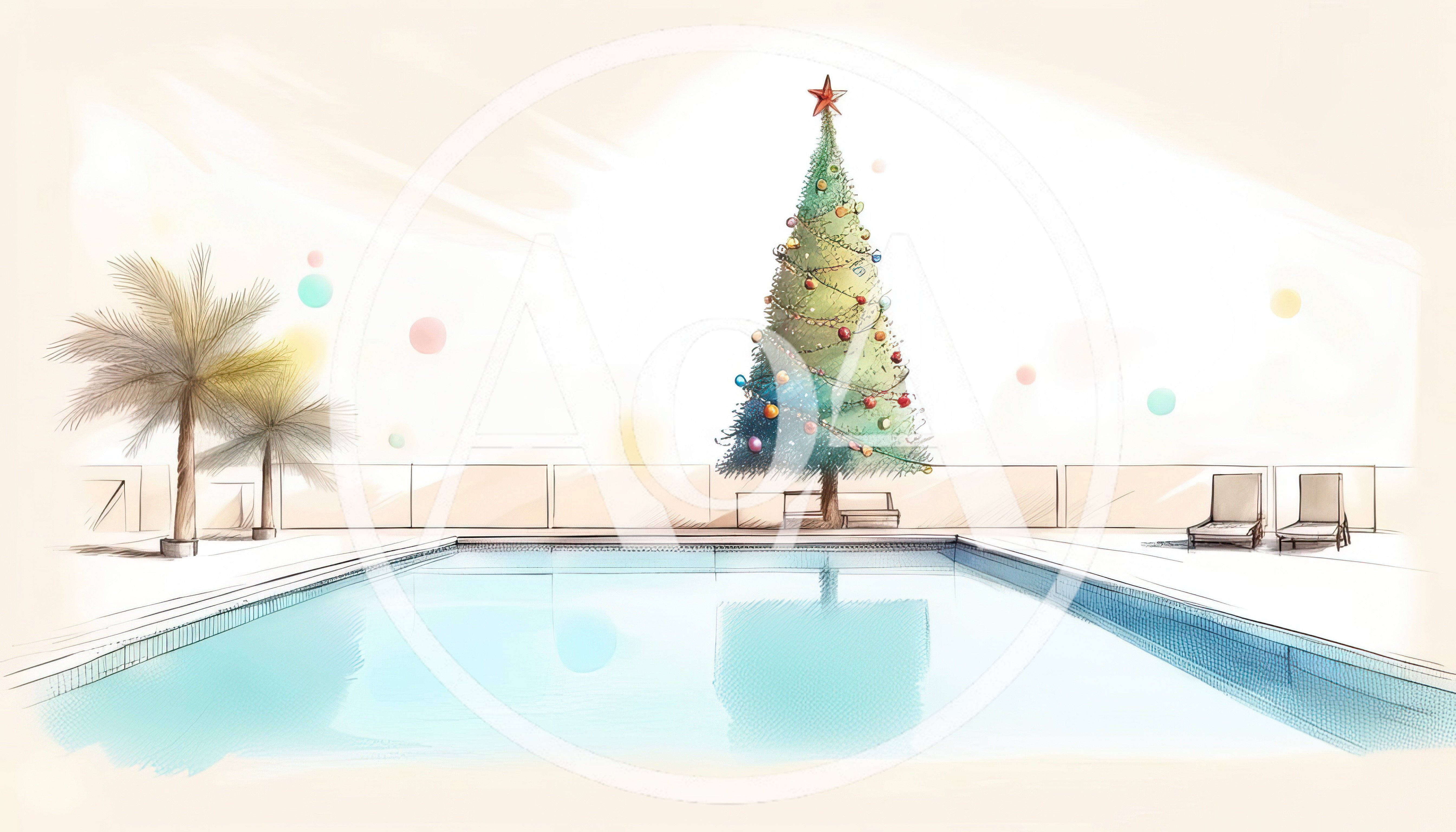 Christmas Tree Beside A Sunny Outdoor Swimming Pool