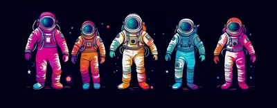 Five Colorful Astronauts Standing In Outer Space