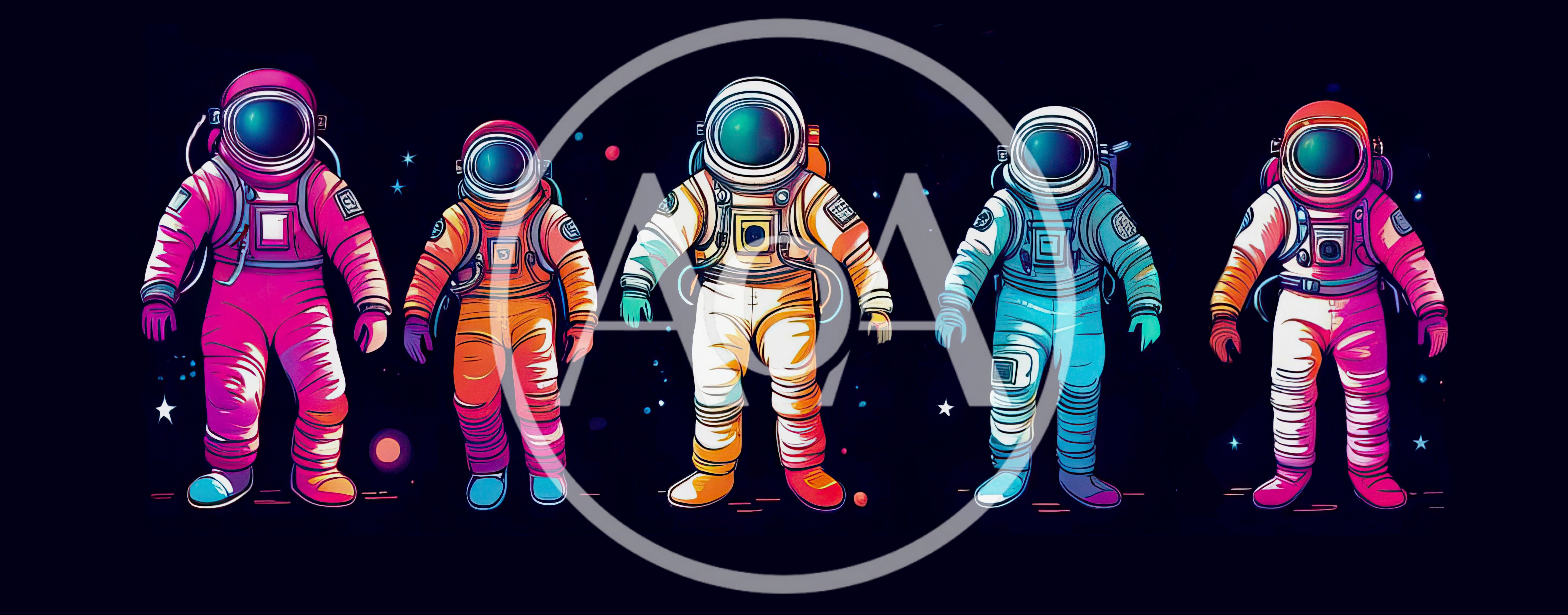 Five Colorful Astronauts Standing In Outer Space