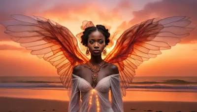 Ethereal Black Angel Standing on a Sunset Beach