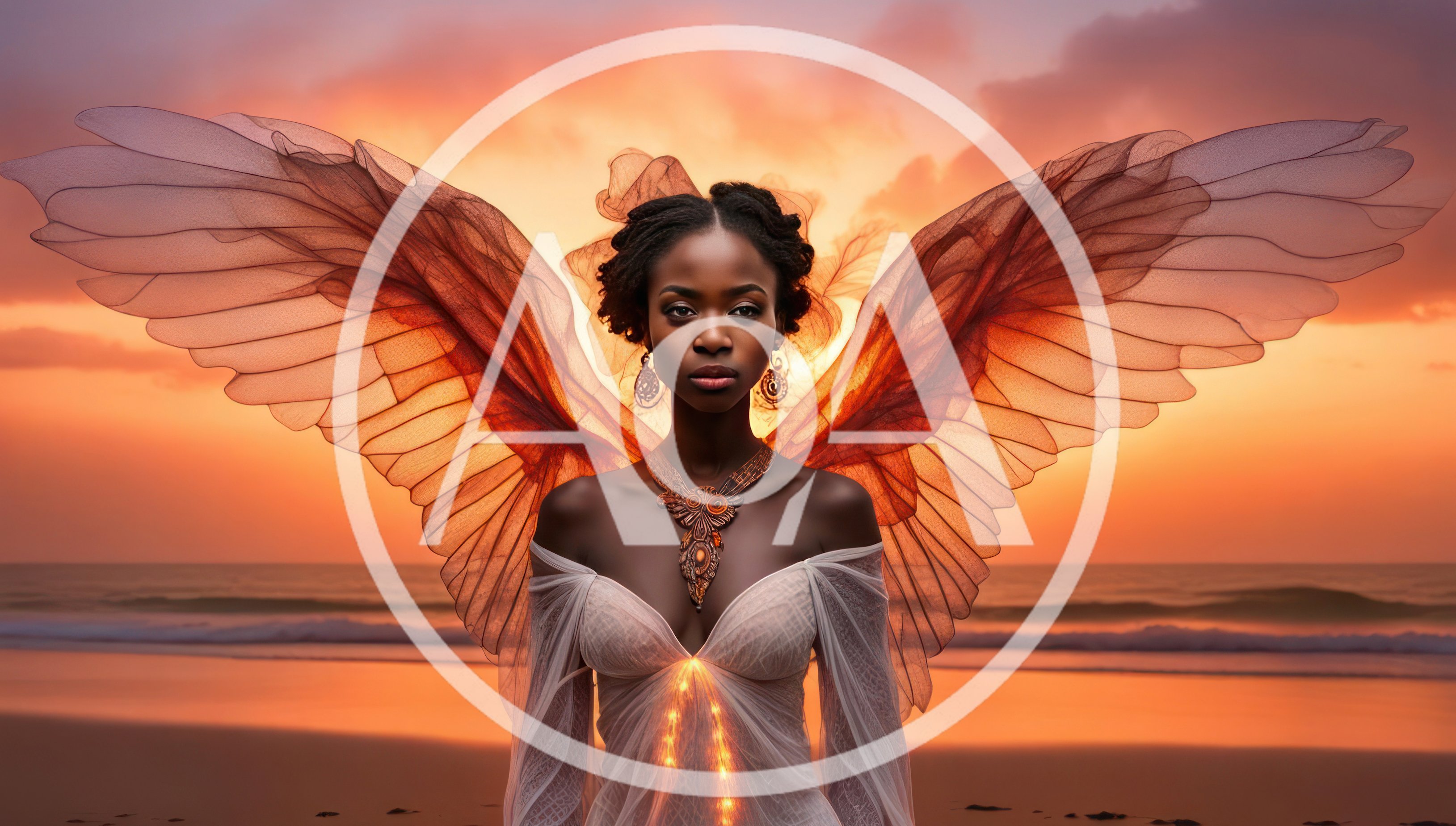 Ethereal Black Angel Standing on a Sunset Beach