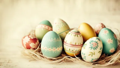 Decorative Easter Eggs Arranged In A Straw Nest