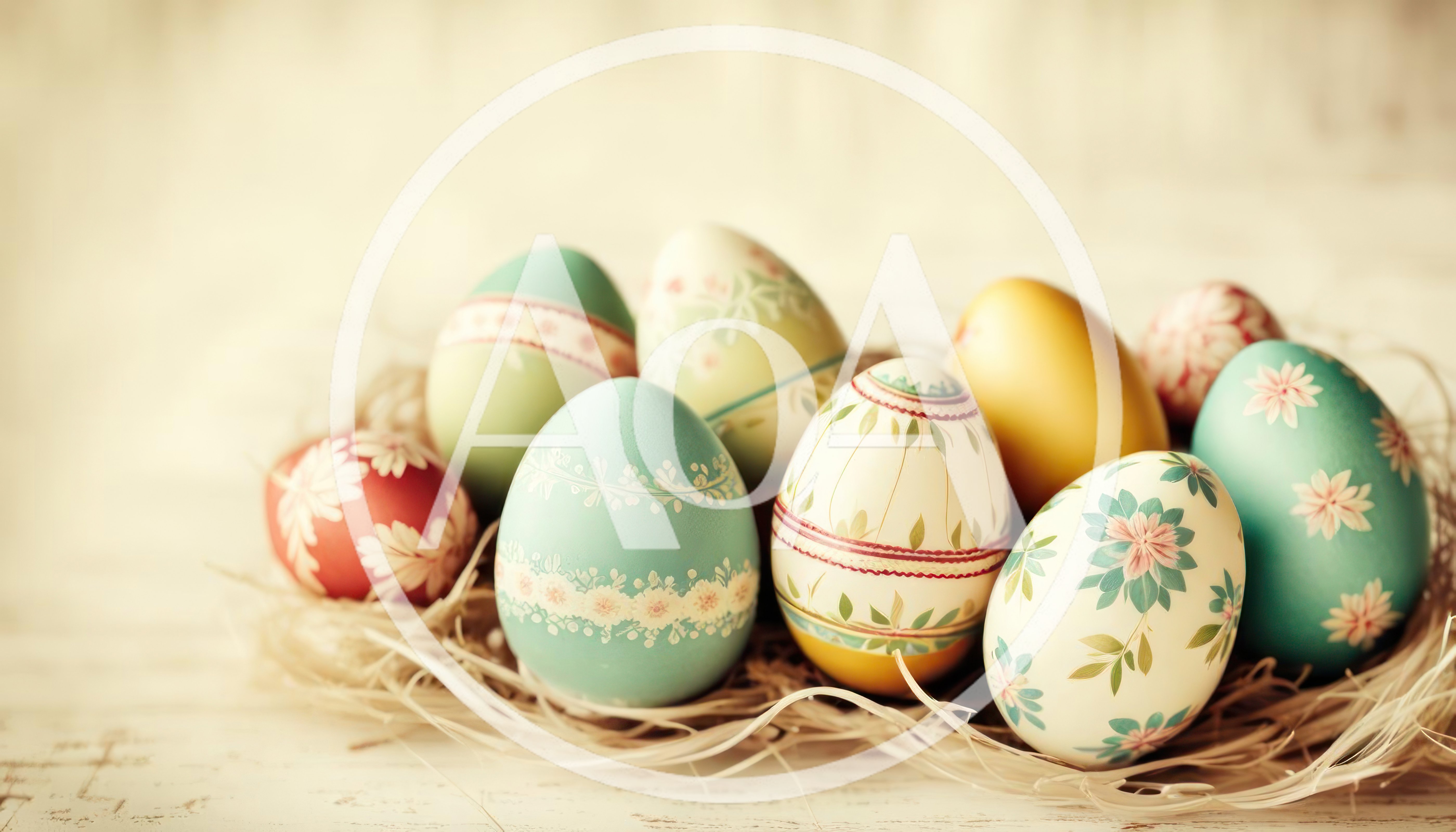 Decorative Easter Eggs Arranged In A Straw Nest
