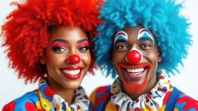 Portrait of Two Happy Clowns with Colorful Wigs