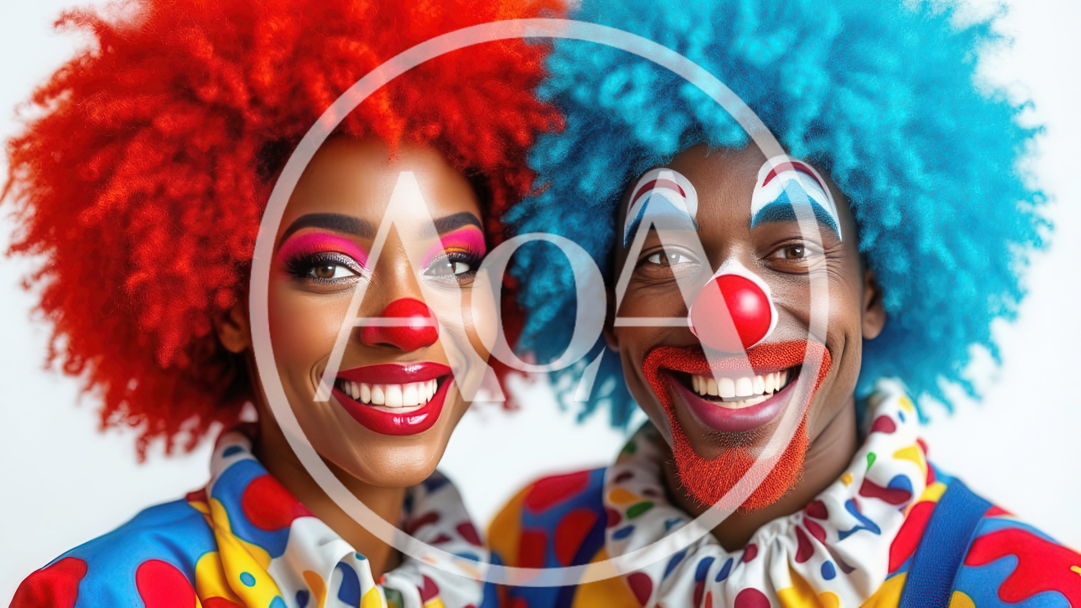 Portrait of Two Happy Clowns with Colorful Wigs