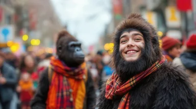 Person Wearing Realistic Gorilla Costume In City Crowd