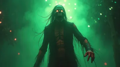 Terrifying Undead Creature With Glowing Eyes In Green Fog
