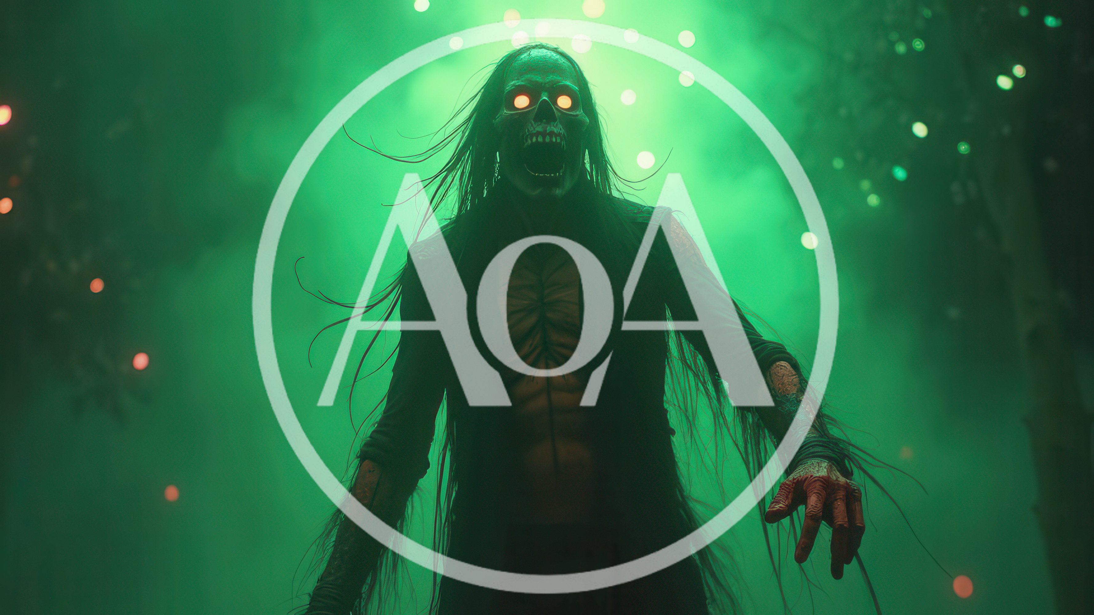 Terrifying Undead Creature With Glowing Eyes In Green Fog