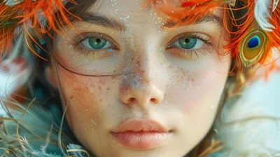 Close Up Portrait Of A Young Woman With Peacock Feathers