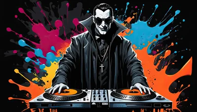 Gothic DJ Performing With Turntables And Colorful Paint Splatters