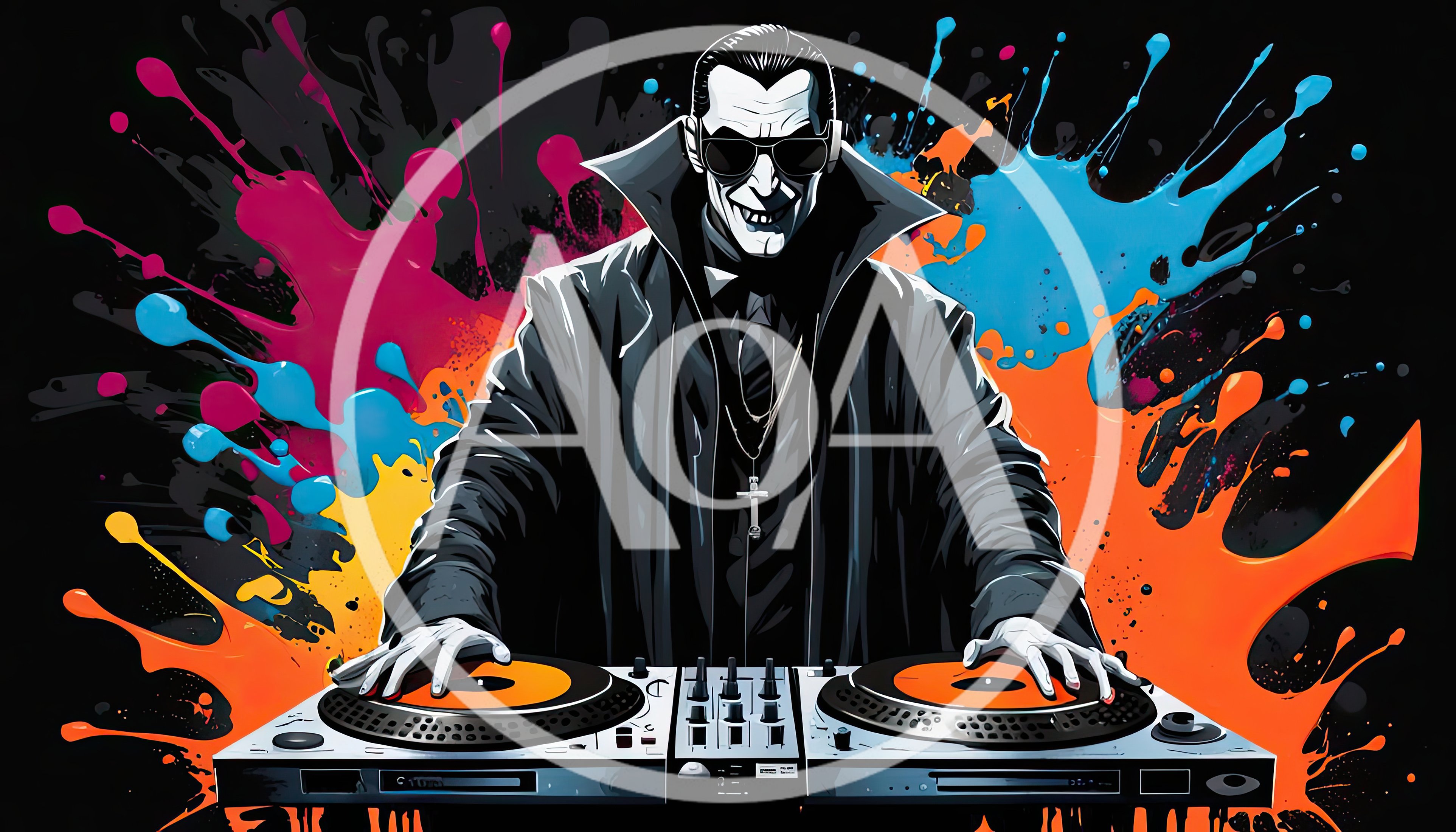Gothic DJ Performing With Turntables And Colorful Paint Splatters