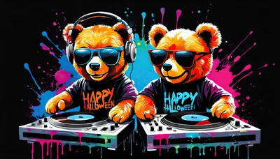 Two DJ Teddy Bears Playing Music at Halloween Party