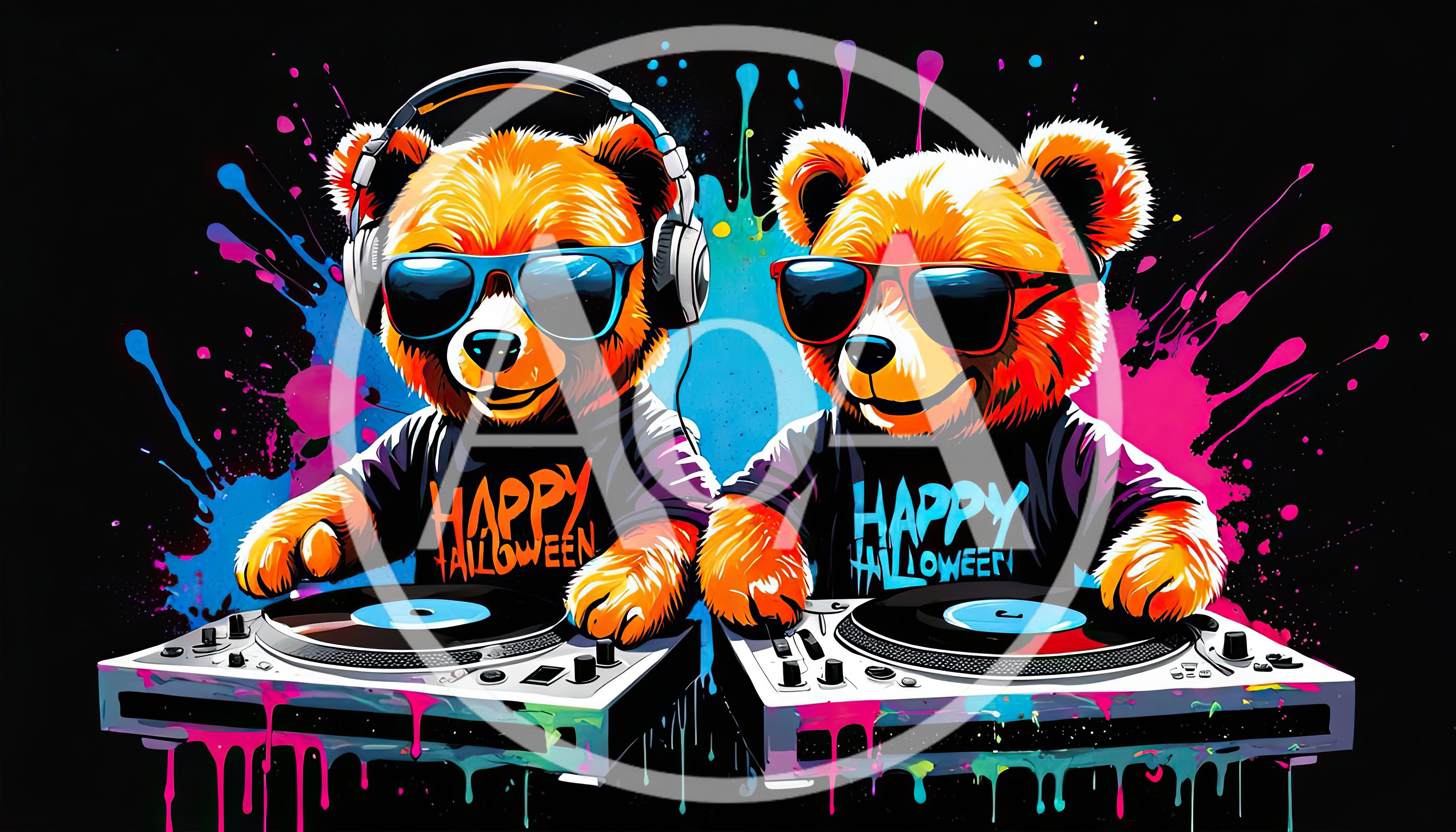 Two DJ Teddy Bears Playing Music at Halloween Party
