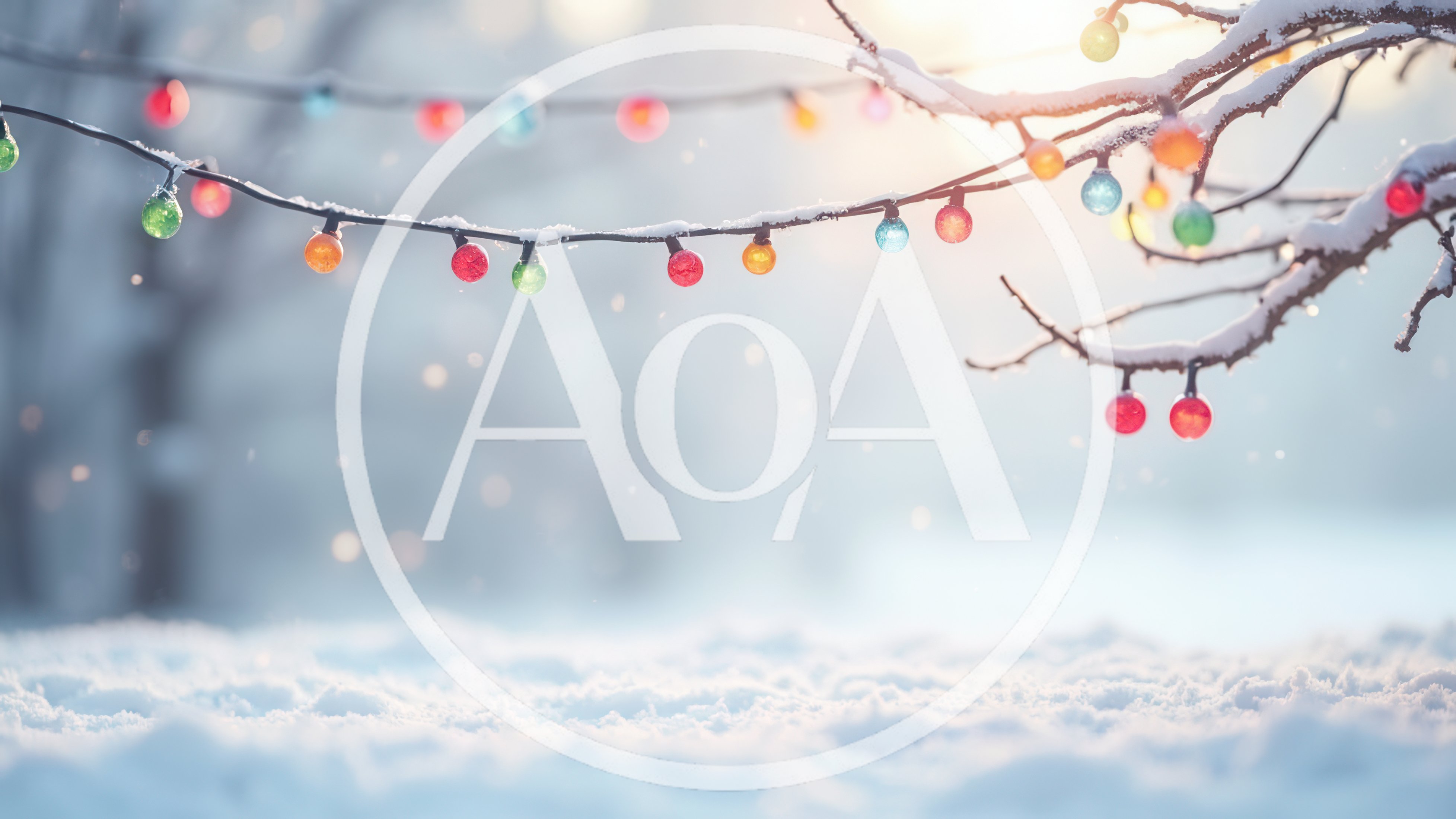 Colorful Christmas String Lights Hanging On Snowy Tree Branches