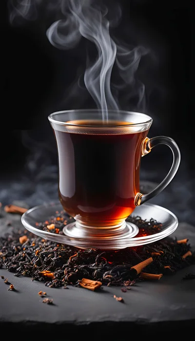 Steaming Cup Of Hot Black Tea With Cinnamon Sticks