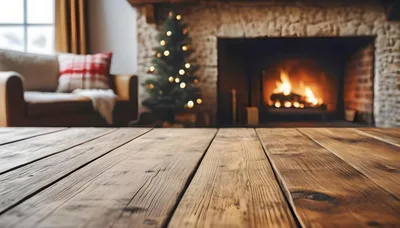 Wooden Table Surface In Cozy Christmas Living Room