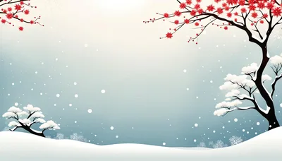 Winter Landscape With Red Blossoming Tree And Snow