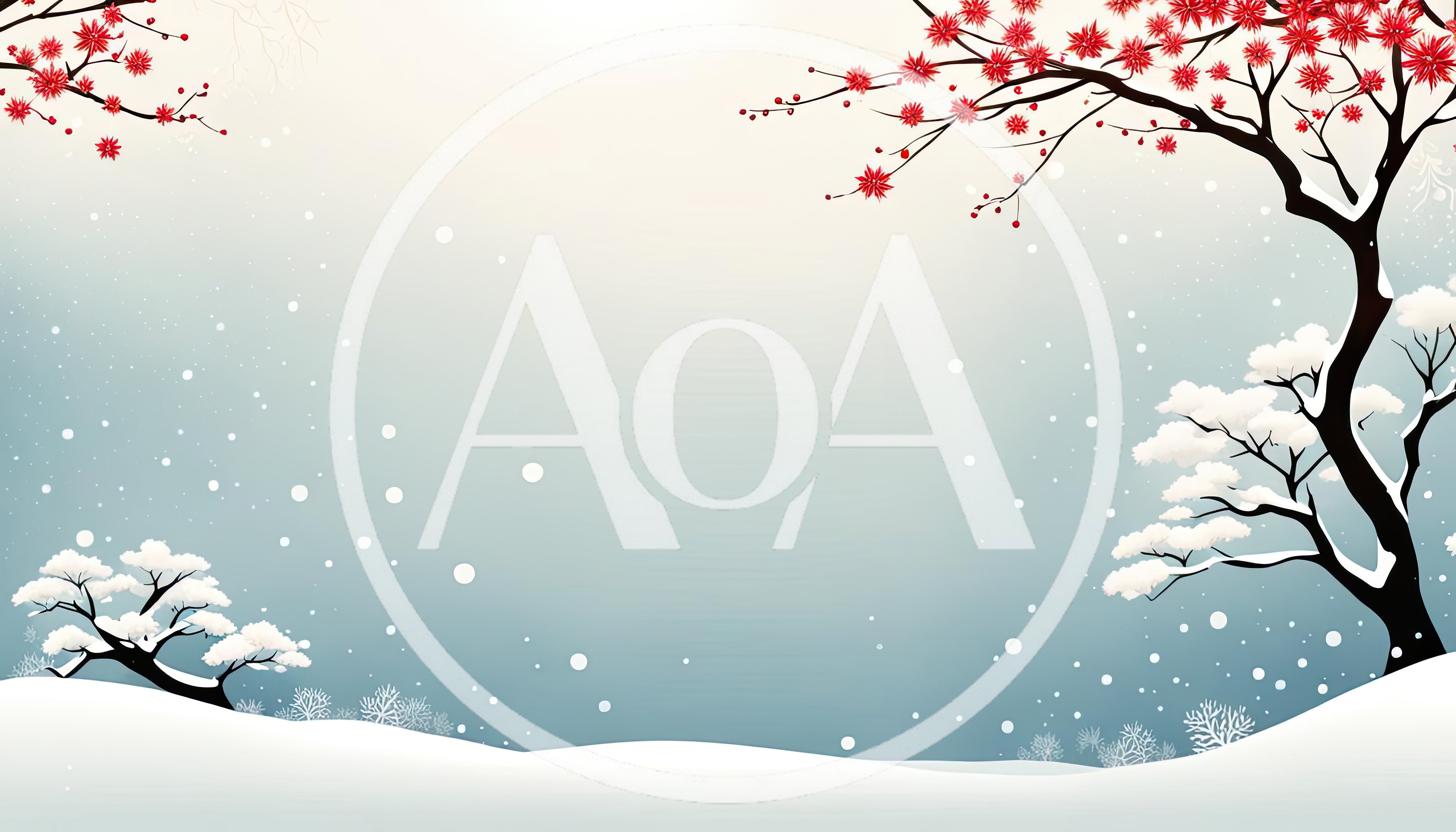 Winter Landscape With Red Blossoming Tree And Snow
