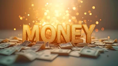 Golden Money Text Surrounded By Stacks Of Cash
