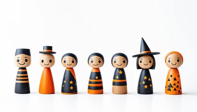 Seven Decorative Halloween Wooden Peg Dolls