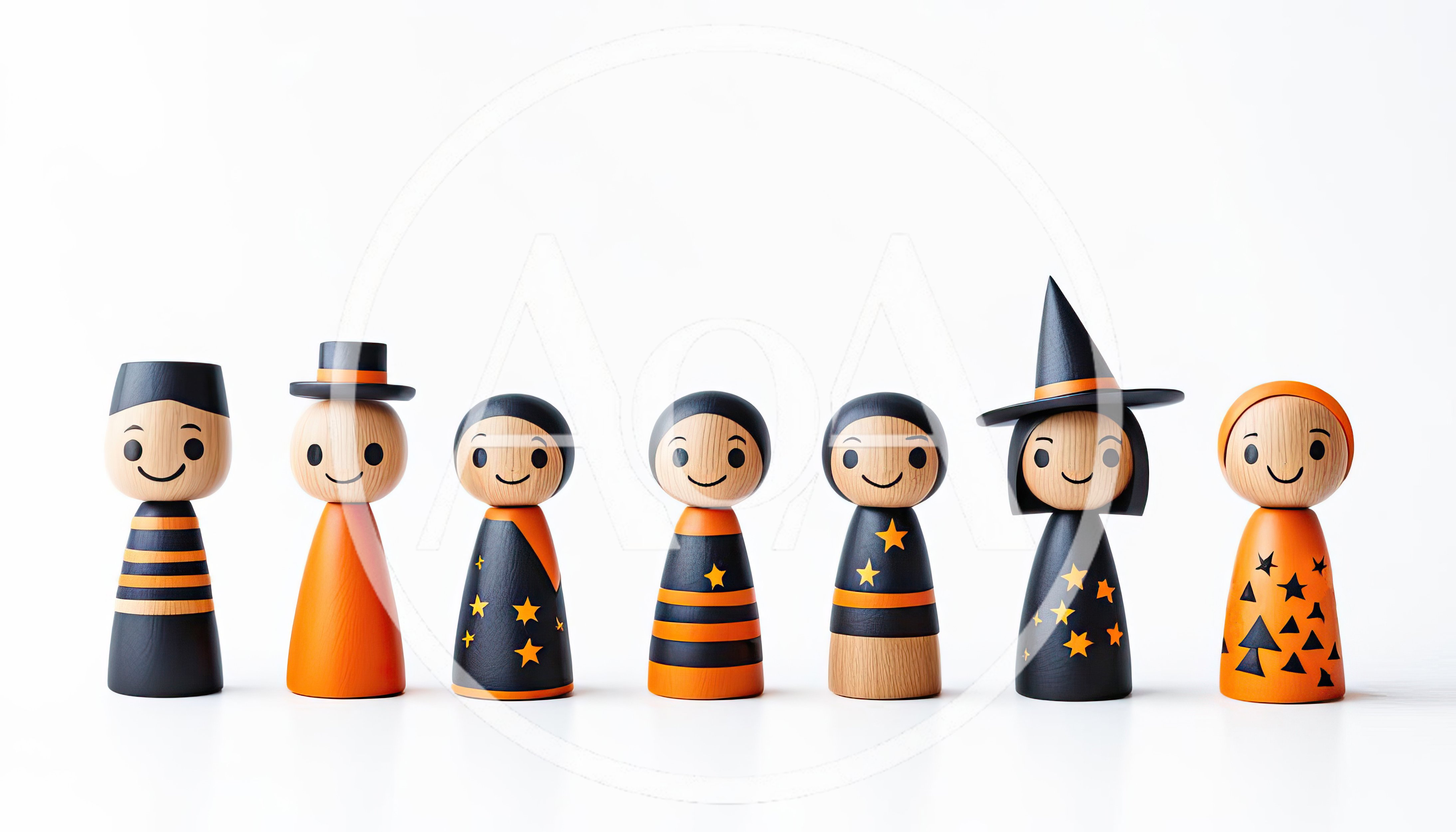 Seven Decorative Halloween Wooden Peg Dolls