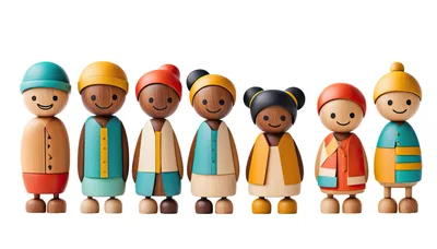 Seven Wooden Peg Dolls Standing In A Row