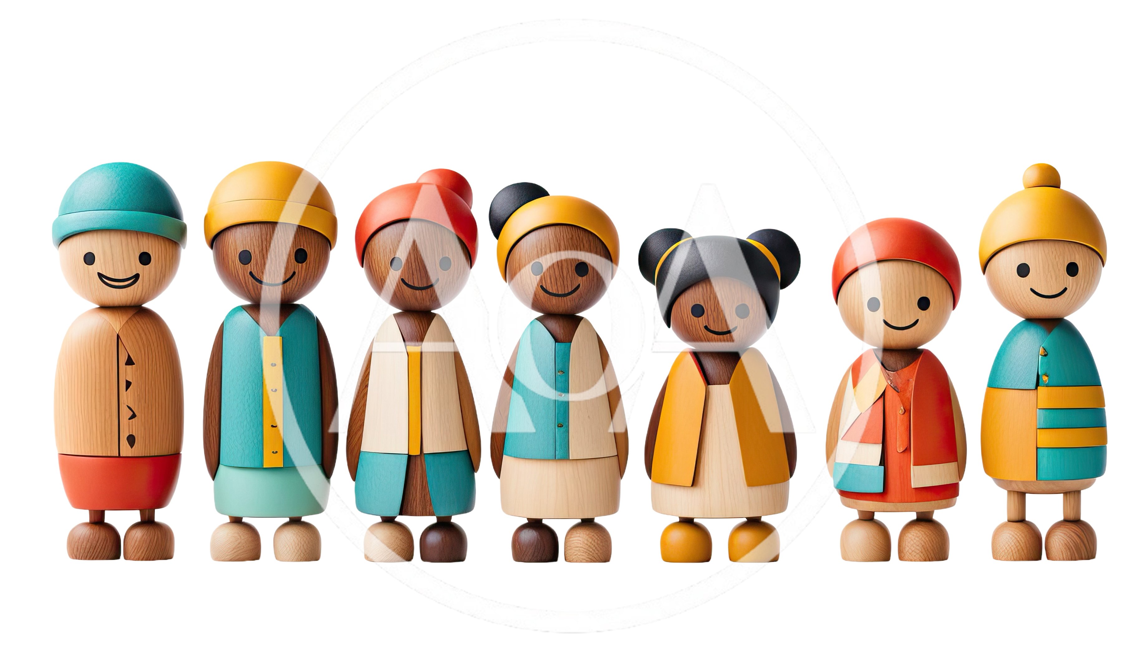 Seven Wooden Peg Dolls Standing In A Row