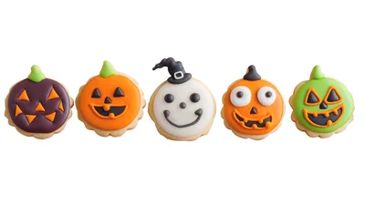 Five Decorated Halloween Pumpkin Cookies In A Row