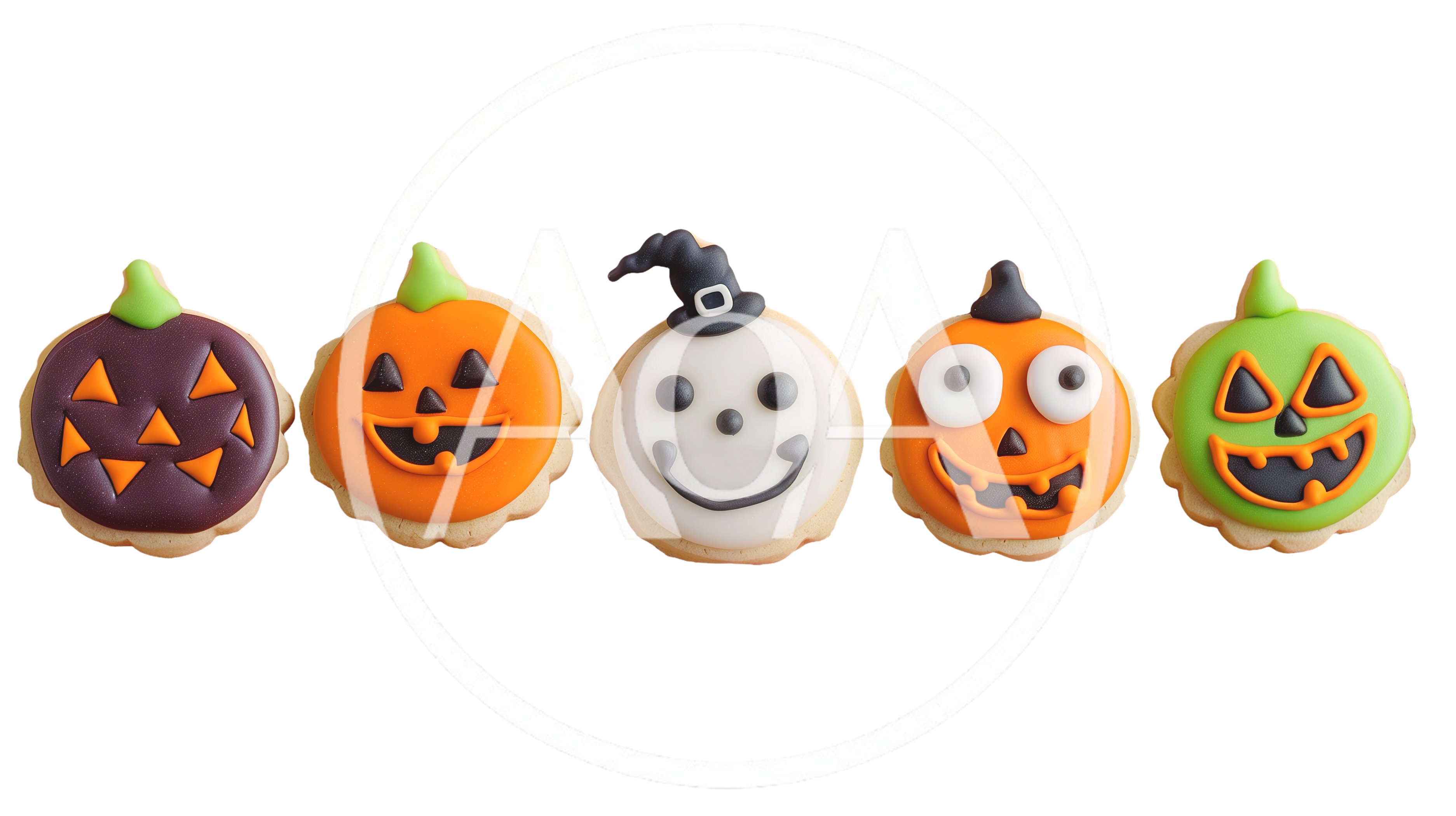 Five Decorated Halloween Pumpkin Cookies In A Row