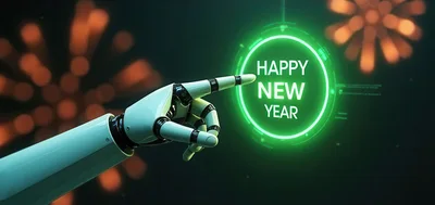 Robotic Hand Touching A Digital Happy New Year Interface