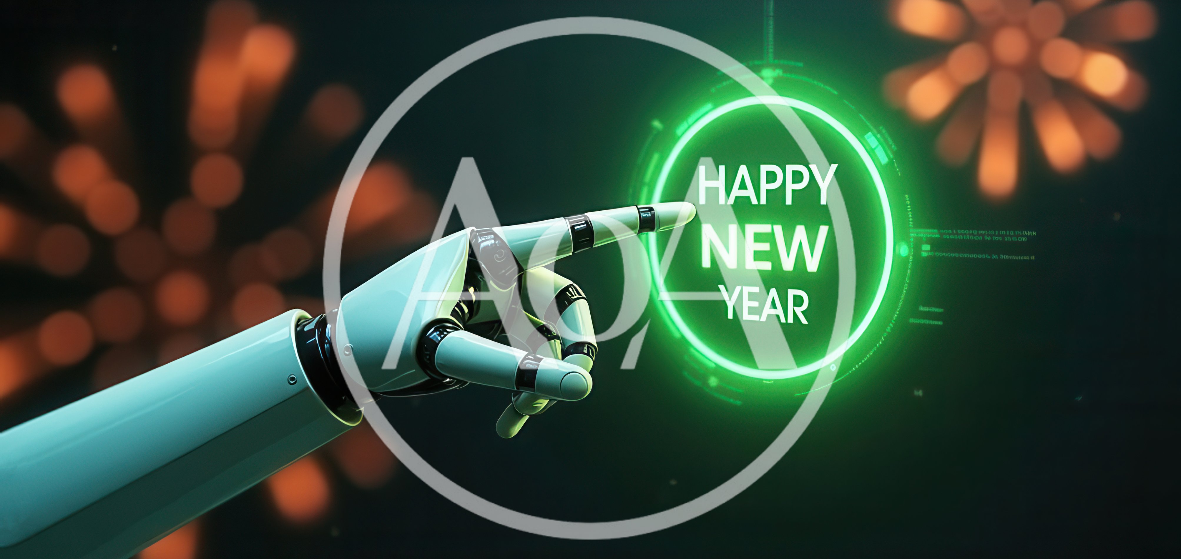 Robotic Hand Touching A Digital Happy New Year Interface