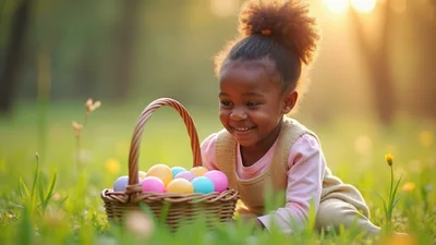 Happy Young Girl Collecting Colorful Easter Eggs