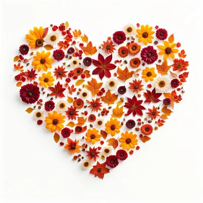 Heart Shape Composition Made Of Autumn Flowers And Leaves