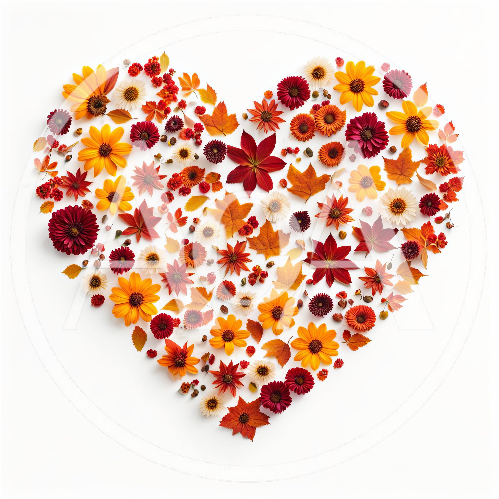 Heart Shape Composition Made Of Autumn Flowers And Leaves