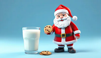 3D Cartoon Santa Claus Holding A Chocolate Chip Cookie