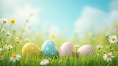 Four Colorful Easter Eggs In A Sunny Meadow