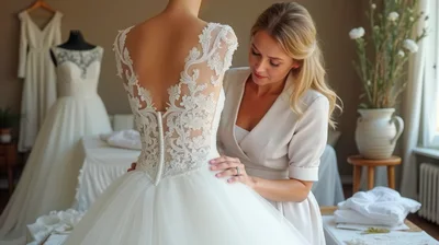 Bridal Consultant Adjusting Lace Wedding Dress on Mannequin