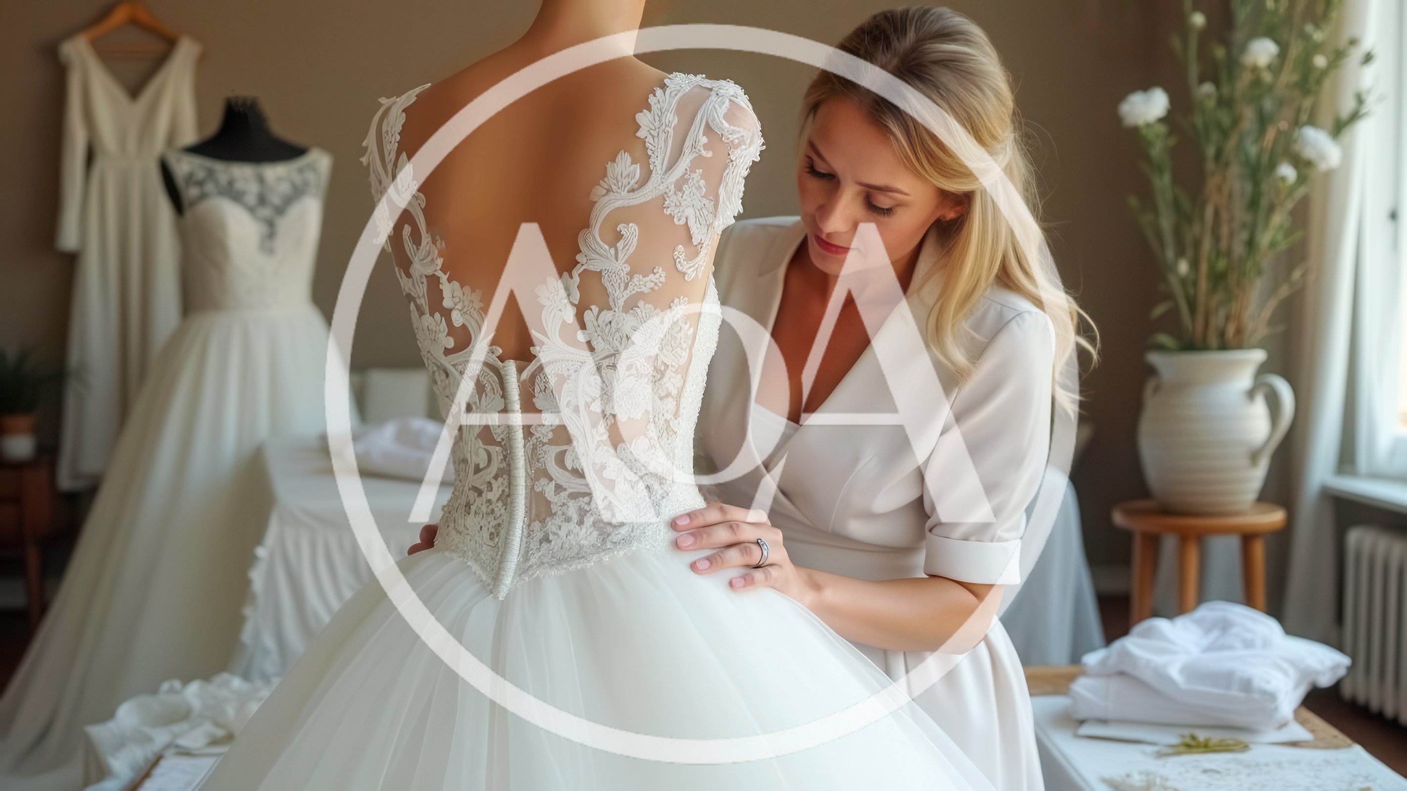 Bridal Consultant Adjusting Lace Wedding Dress on Mannequin